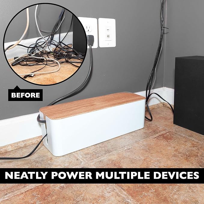 Iron Forge Cable Cable Management Box, 2 Pack - White Cord Organizer with Wood Top - Hider for Wires, Power Strips, Surge Protectors & More - Includes Accessories