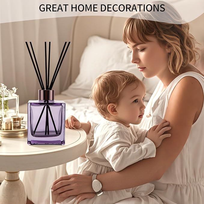 6 Pack Perfume Reed Diffuser Bottle,Empty Square Essential Oil Bottles Glass Jar with Black Sticks for DIY Fragrance Replacement Diffuser Sets (200ml/6.8 oz, Purple Color)