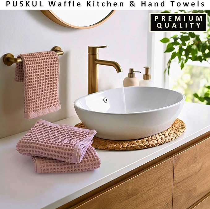 PÜSKÜL Natural 100% Turkish Cotton Waffle Kitchen Towels Set of 3 | Oeko-Tex, Premium Waffle Hand Towels for Bathroom | Soft Absorbent Quick-Dry Lint-Free Dish Towel Large 32x16 inch (3, Pink Powder)
