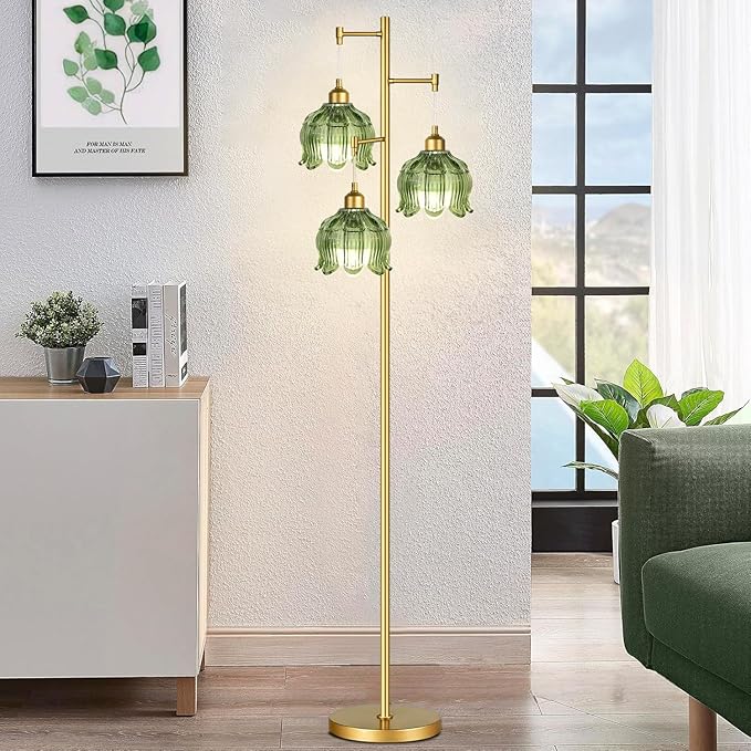 ZECOXOL Vintage Floor Lamps for Living Room Bedroom-3 Light Glass Floor Lamp with Three Led Bulb, Modern Mid Century Standing Lamp Brass Tall Lamp Gold Tree Floor Lamp for Bedroom Corner