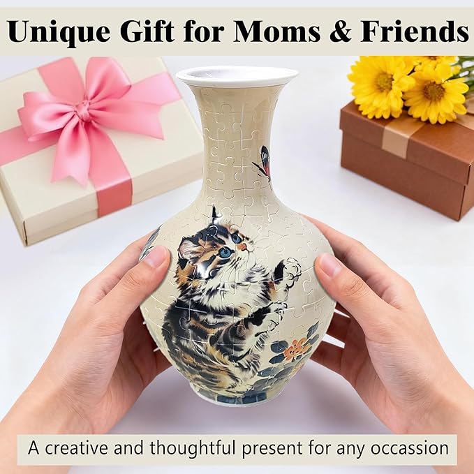 3D Puzzle Vase, 160 Curved Pieces DIY Flower Vase Craft Kit & 3D Puzzles for Adults, Creative Jigsaw Art Project Home Décor Centerpiece, for Women, Mom (Beige Cat & Butterfly)