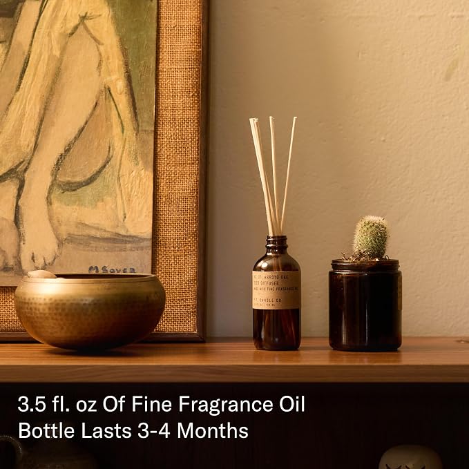 P.F. Candle Co. Arroyo Oak Classic Scented Rattan Reed Diffuser (3.5 fl oz) Amber Glass Jar, Fine Fragrance Oil, Flame-Free Fragrance, Made in The U.S.A.