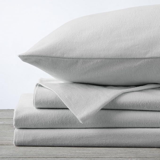 Market & Place 100% Cotton Full Flannel Sheet Set | 4 Piece Deep Pocket Solid Cozy Winter Bed Sheets | Double Brushed for Extra Softness & Comfort | Chalet Collection (Full, Light Grey)