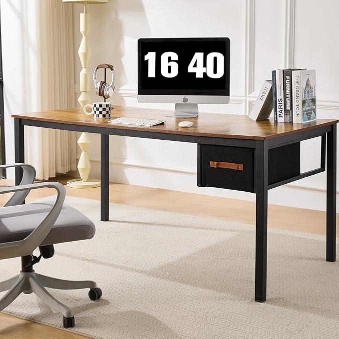 Computer Desk with Drawer, 63 Inch Large Home Office Work Desks, Modern Writing Study PC Desk Gaming Table for Bedroom Home, Stable Thick Metal Legs Frame Support （Rustic Brown）