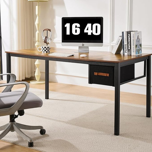 Computer Desk with Drawer, 63 Inch Large Home Office Work Desks, Modern Writing Study PC Desk Gaming Table for Bedroom Home, Stable Thick Metal Legs Frame Support （Rustic Brown）