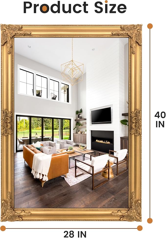 TRAHOME Vintage Gold Mirror for Wall, 28"x40" Antique Decorative Baroque Mirror with Imitation Metal Frame, Ornate Decorative Wall Mirror Decor for Entryway, Fireplace, Living Room, Hallway, Bathroom