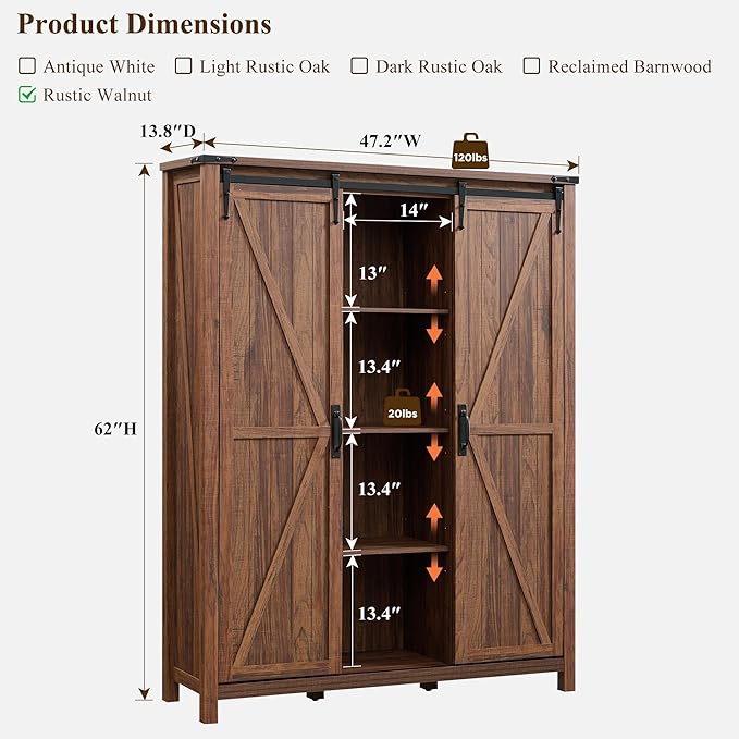 OKD Storage Cabinet with 2 Sliding Door, 7-Tier 62" Tall Farmhouse Entryway Shoe Cabinet, Freestanding Rustic Hidden Shoe Organizer for Entryway, Rustic Walnut