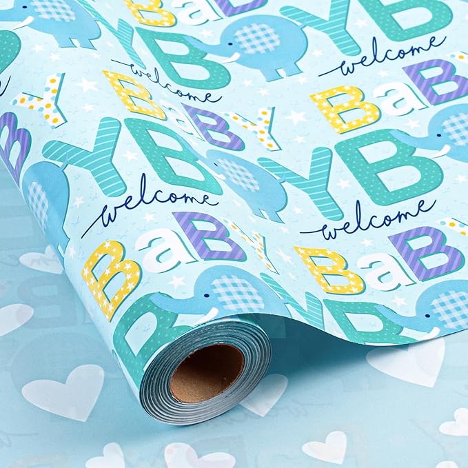 Burymento Reversible Baby Elephant Wrapping Paper Roll - Blue Wrapping Paper for Baby Shower, Boy's Birthday, Child - 17 "x 32.8 ft (47.23 sq ft)