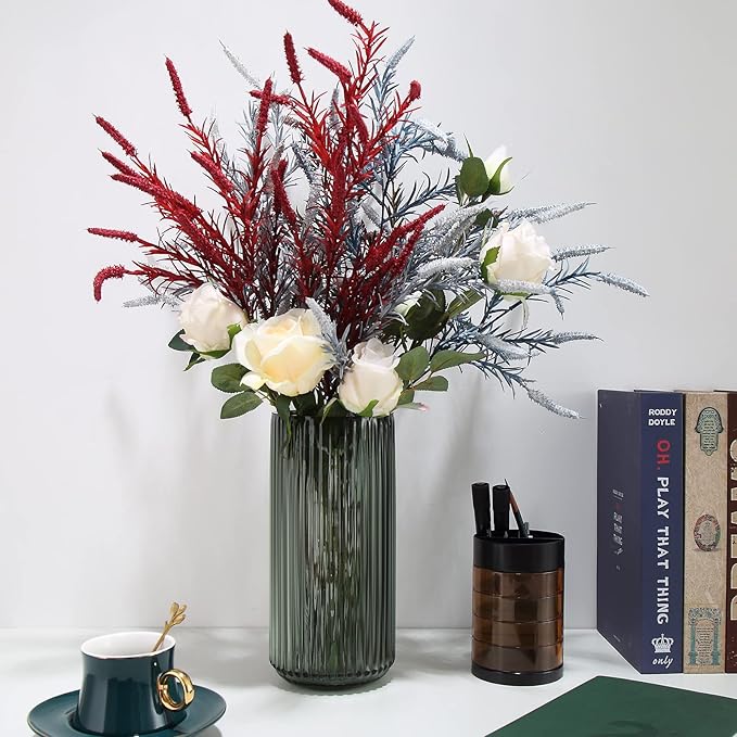 Large Cylinder Ribbed Green Glass Flower Vase for Farmhouse Dining Table Centerpieces Decor