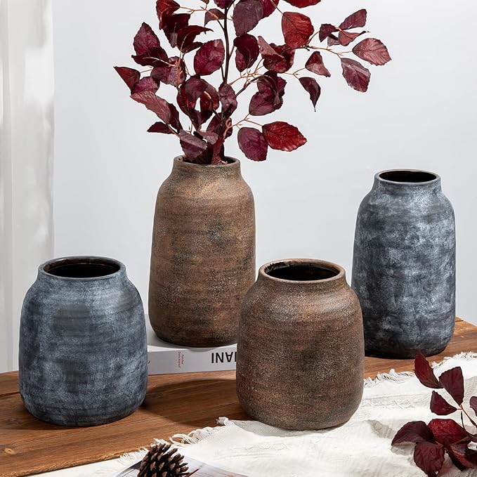 Briful Tall Rustic Ceramic Vase 11” – Vintage Distressed Pottery Flower Vase with Antique White-Wash Finish – Farmhouse Table Decor & Shelf Accent (Not Waterproof)
