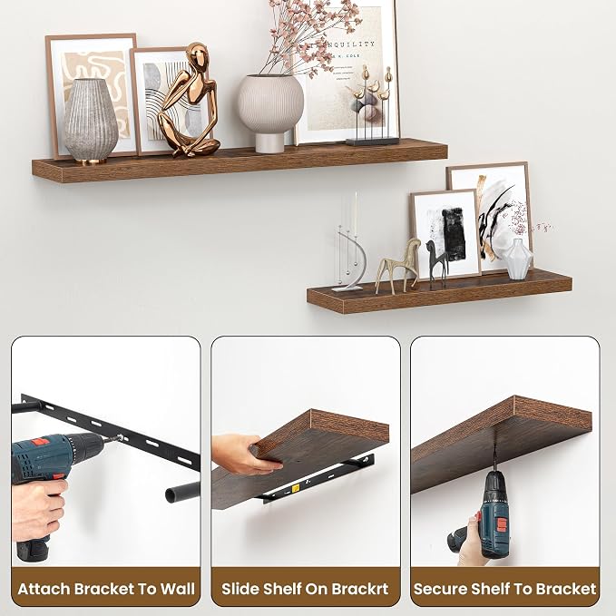 Heimlove 24 Inch Floating Shelves for Wall,Mounted Storage Wood Shelves with Invisible Brackets Hanging Shelf for Bedroom,Living Room,Kitchen,Office,Set of 2,Rustic Brown