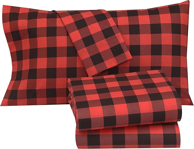 RUVANTI Flannel Sheets Queen Size - 100% Cotton Double Brushed Bed Sheets, Deep Pockets 16 Inches Queen Sheet Set, All Seasons Breathable & Extra Soft - Warm & Cozy, 4 Piece, Red & Black Plaid