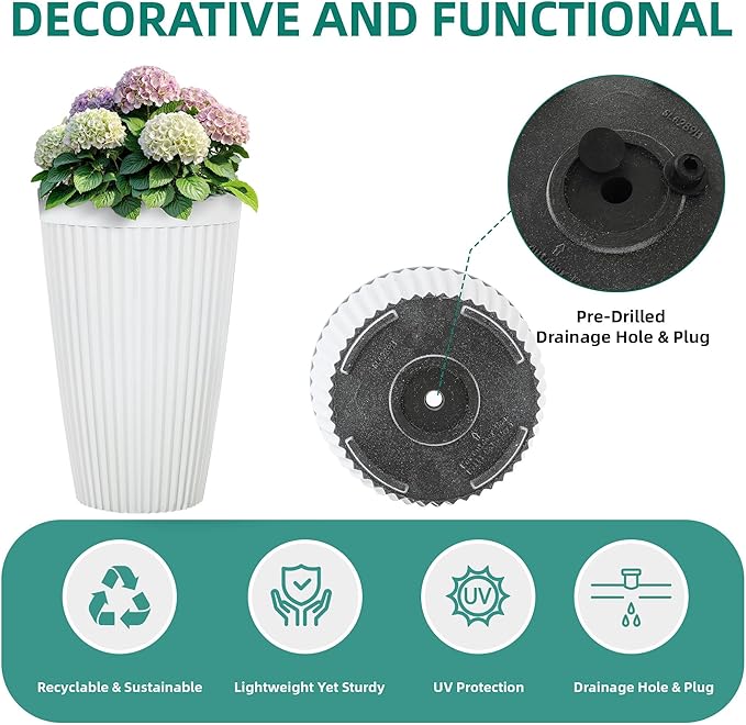 Set of 2 Heavy-Duty Outdoor Planters for Wedding, 20" Tall Planters for Indoor Plants, Large Fluted Flower Pots, Weather-Resistant for Garden, Patio, Porch or Living Room Decor