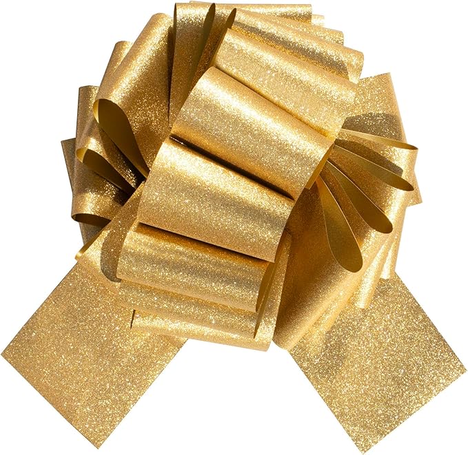 Large Gold Pull Bow 10 Inch – 2 Pack Glitter Large Gift Bow for Presents, DIY Holiday Gift Wrapping, Wedding, Anniversary & Party Decoration