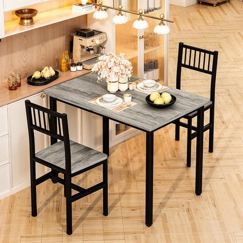 Skiennix 3-Piece Dining Table Set - Space-Saving Wooden Kitchen Table with Chairs for Small Spaces | Grey