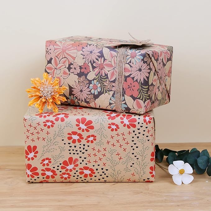 Aimyoo Kraft Floral Wrapping Paper Bundle, Vintage Sunflower Flower Gift Wrap Paper for Wedding Bridal Shower Birthday Rolls of 4, 17 in x 16 ft per Roll