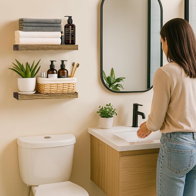 BGMG Wood Floating Shelves for Wall 18 inch Set of 2, Rustic Wooden Wall Mount Shelves for Bathroom Living Room Bedroom Kitchen Farmhouse -18x 6.7 x1.25 inch- Walnut Color