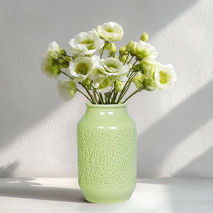 Green Ceramic Vase for Flowers, 9 inch Decorative Vase for Pampas Grass, Modern Texture Vases for Home Decor, Table Shelf Living Room Kitchen Living Room Decor