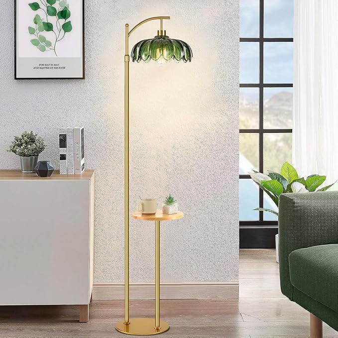 QIYIZM Glass Floor Lamp with Table and Shelves for Living Room Bedroom,Gold Standing Lamp with Remote Dimmable,Boho Brass Tall Lamp Vintage Farmhouse Arc Green Flower Floor Light Bohemian