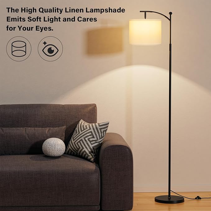 Ambimall 60" Floor Lamp with 3 Color Temperatures, Adjustable White Shade, Black Pole - Tall Lamp for Living Room, Bedroom, Office, Classroom, Dorm - 9W Bulb Included