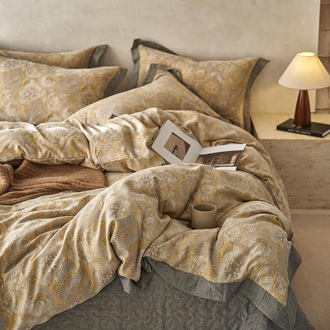 EAVD Vintage Style Yellow Floral Duvet Cover King Soft 100% Muslin Cotton Yarn-Dyed Jacquard Textured Bedding Set with 2 Pillowcases Linen Like Gauze Botanical Duvet Cover with Zipper Closure