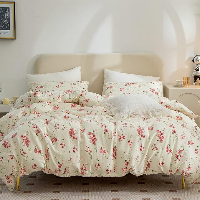 Floral Comforter Set Queen Soft Bedding Comforter Set 3 Pieces Garden Style Red Flower Print Botanical Flowers Comforter Set for All Seasons 1 Comforter and 2 Pillowcases (Floral, Queen)