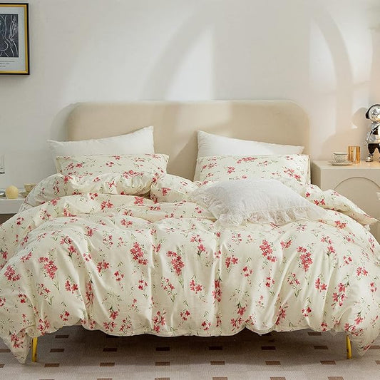 Floral Comforter Set Queen Soft Bedding Comforter Set 3 Pieces Garden Style Red Flower Print Botanical Flowers Comforter Set for All Seasons 1 Comforter and 2 Pillowcases (Floral, Queen)