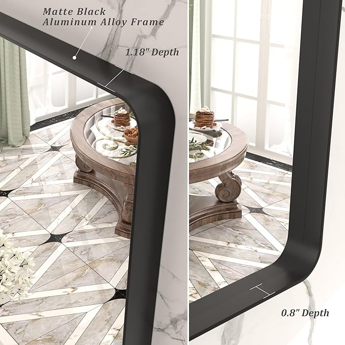 48x36 Matte Black Bathroom Mirror, Modern Rectangle Metal Framed Mirrors for Wall, Rounded Corners, Shatter-Proof (Horizontal/Vertical)