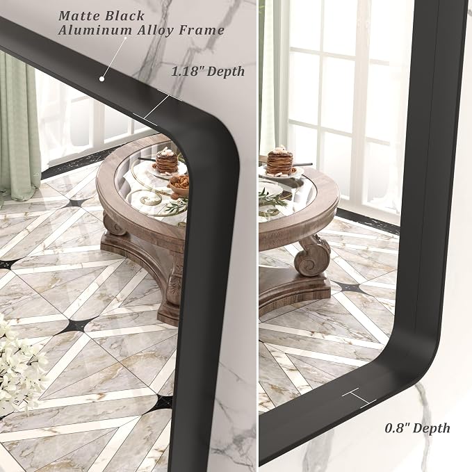 40x30 Black Bathroom Mirror, Matte Framed Bathroom Vanity Mirror for Wall, Modern Rectangle Mirror, Rounded Corners, Tempered Glass (Horizontally/Vertically)