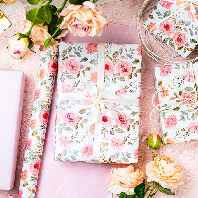 Yarcony Pink Floral Wrapping Paper Roll, Reversible Wedding Wrapping Paper, Watercolor Rose Print Flower Gift Wrap for Birthday, Valentine's Day,Mother's Day,Birdal Shower,Engagement(17Inch x 16.5Ft)