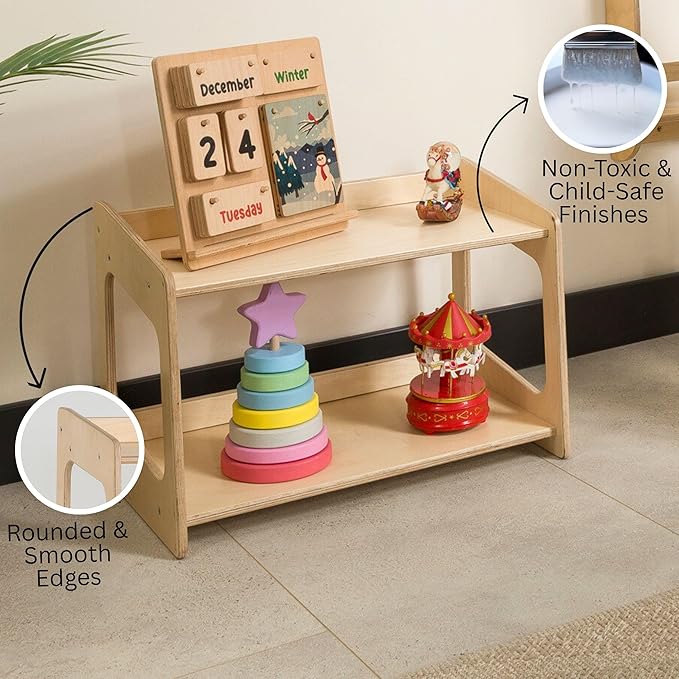 Montessori Bookshelf for Toddlers Solid Wood Toy Storage Shelf Organizer for Playroom and Classroom Floor Bookshelf for Kids Room (Natural, 2-Shelves)