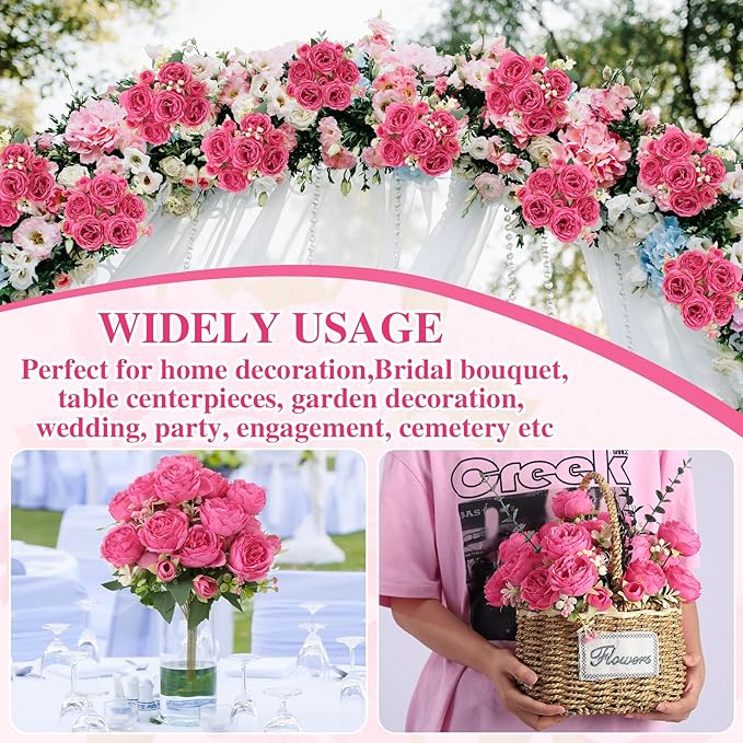 8 Pack Hot Pink Peonies Artificial Flowers, Fake Silk Hydrangea Bouquet for Bridal Wedding Home Table Decor Reusable Dining Opening Ceremony Birthday Arrangement Faux Floral