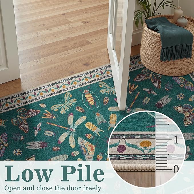 DCX 5x7 Washable Insect Rug, Vintage Gothic Deep Teal Rug with Non-Slip Rubber Backing, Soft Low-Pile, Stain-Resistant, Kid & Pet Friendly, for Living Room, Bedroom, Office, and Nature-Themed Decor
