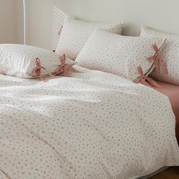Floral Print Bedding Duvet Cover Twin XL Pink Flower Duvet Cover Cotton Floral Botanical Comforter Cover Girls Cottagecore Bedding Set Vintage Country Comforter Cover with 2 Bowknot Pillowcases