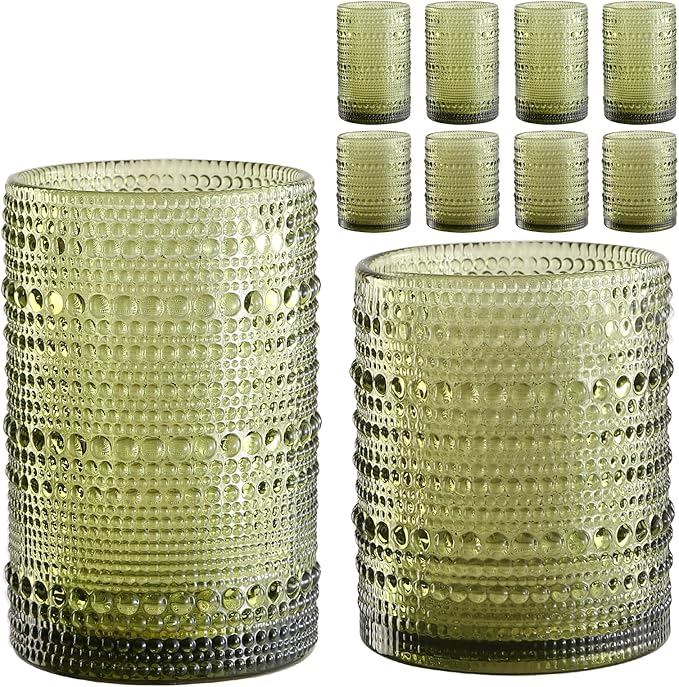 ZMOWIPDL Vintage Hobnail Drinking Glasses Set of 8,Green 12 oz & 15oz Highball Glass Cups, Kitchen Drinkware Glassware,Embossed Water Tumbler,for Beer,Cocktail,Whiskey,Juice and Various Mixed Drinks