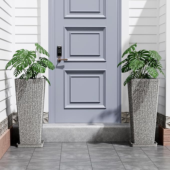 Tapered Tall Planters for Outdoor Plants 2 Pack- 23.6 Inch Heavy-Duty Classic Square Indoor Flower Pots with Drainage Holes/Partition/Tray, Large Outdoor Planters for Porch Patio, Gray