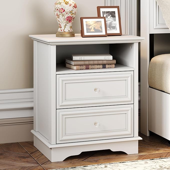 XIAO WEI Nightstand with Hidden Drawer, 2-Drawer Nightstand with Open Shelf – Sturdy Wood Bedroom End Table for Storage, Modern Furniture for Bedroom Organization, White