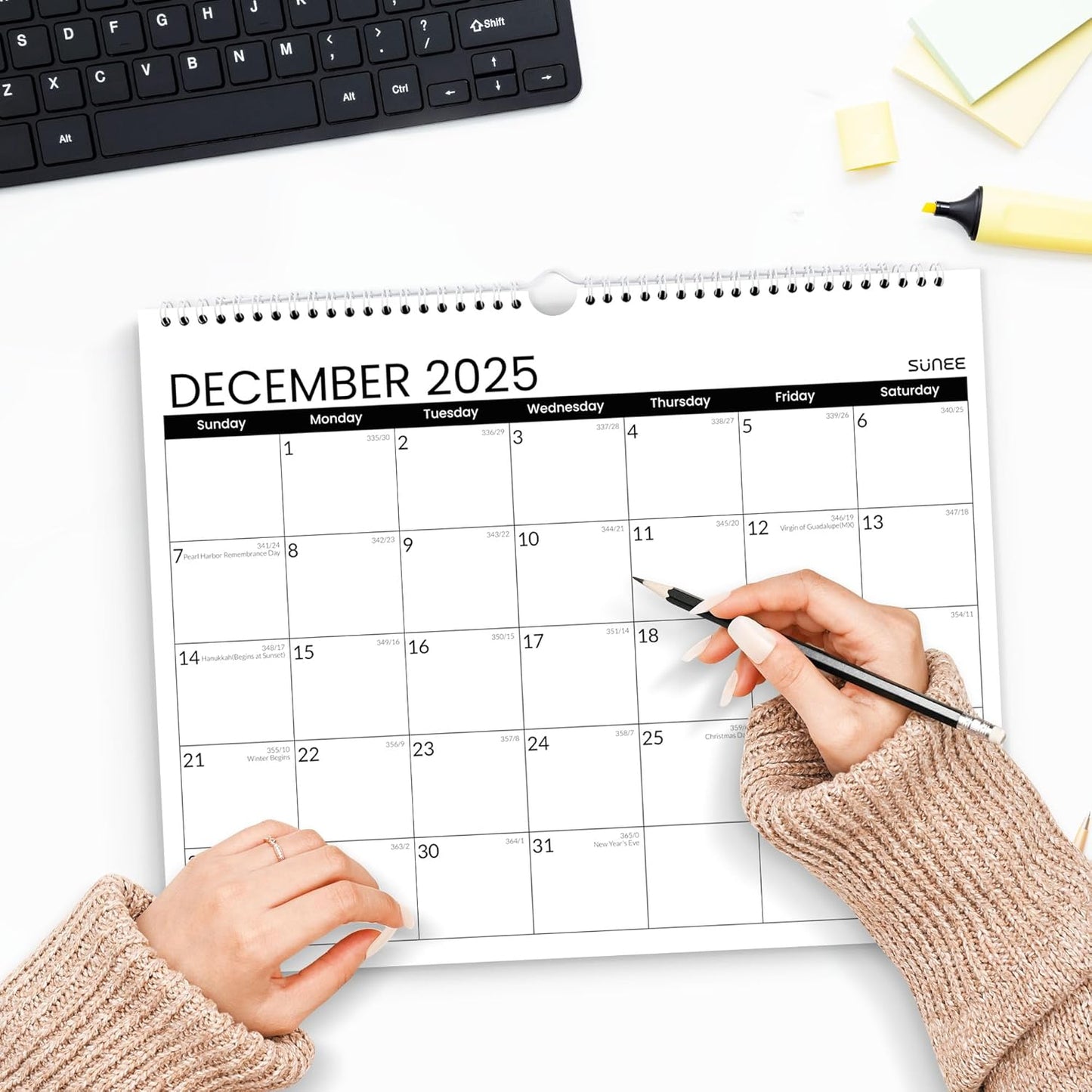 SUNEE 2026 Wall Calendar - 18 Months Big Grid Organizer | Thick Paper, 14.5"x11.5", Black