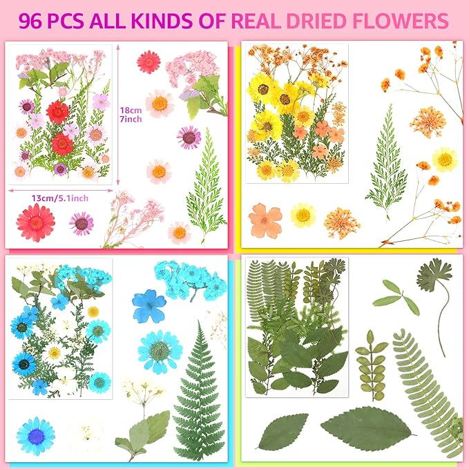 96Pcs Dried Pressed Flowers for Resin, Bulk Natural Dried Flowers,for Scrapbooking DIY Art Crafts Resin Accessories, Soap,Candle Making Nails Decor. Epoxy Resin Jewelry Molds.Craft Making