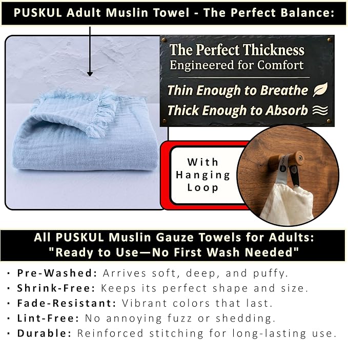 PÜSKÜL - Premium 2-Piece Oversized Muslin Bath Towel for Adult 35x70 Extra Large Bath Sheets | Natural 100% Turkish Cotton Soft Absorbent Quick-Dry Light Spa & Beach Towels (Pack of 2, Ice Blue)