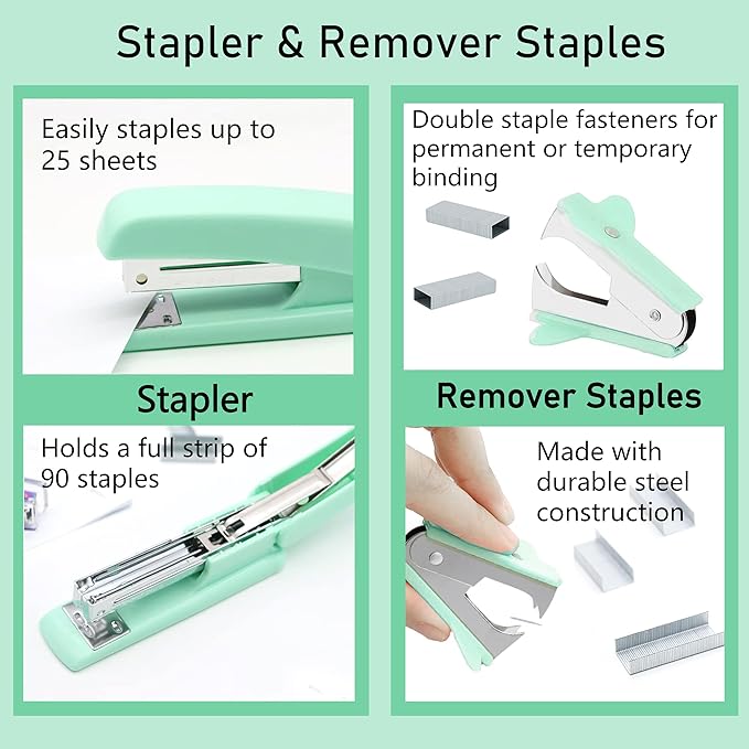Green Office Supplies, Green Desk Accessories, Stapler, Staple Remover, Tape Holder, Pen Holder, Ballpoint Pen, Scissor, Binder Clips, 1000pcs Staples, Phone Holder, Ruler, Transparent Glue and Notes