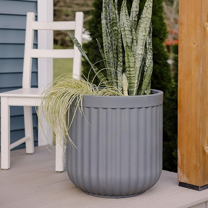 Beuta Large Planters for Outdoor Plants - Set of 3, 15/18/20 Inches - USA Made - Outdoor Planters for Porch - Tall Planter for Outdoor & Indoor Plants | Large Indoor Plant Pot - Grey