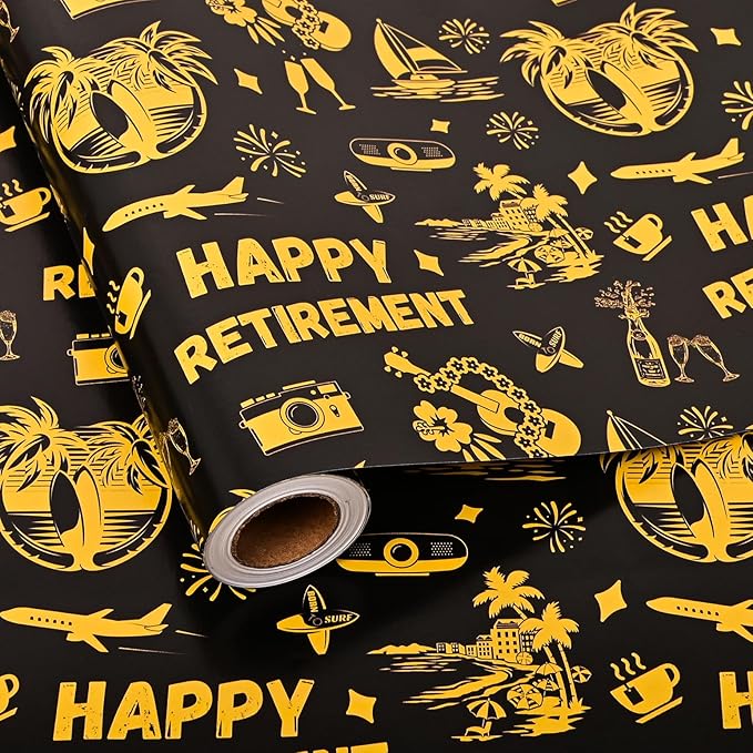 Altarho Retirement Wrapping Paper Roll for Womem Men - Happy Retirement Holiday Design Black Going Away Gift Wrap Sheets for Birthday Celebration Farewell Party Supplies Total 28.5sq.ft
