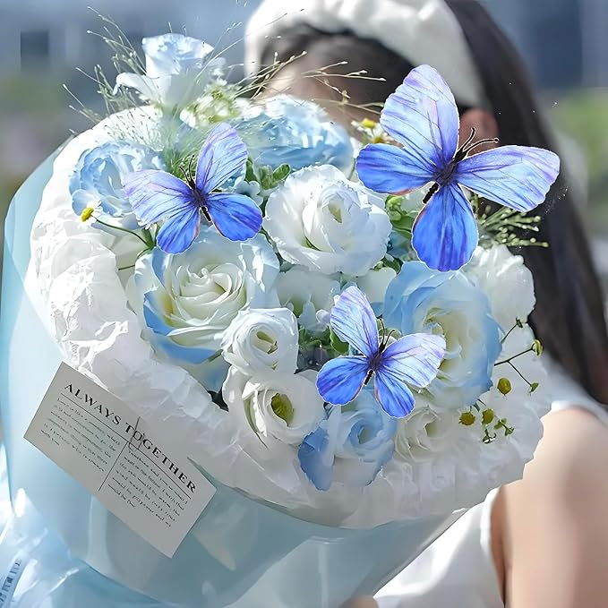 12 PCS Artificial Fabric Butterflies, 2 Sizes Reusable Butterly Crafts Decor, DIY 3D Butterfly Decorations for Fake Flowers Floral Nursery Wedding Tea Party Birthday Easter Spring. (Blue large)