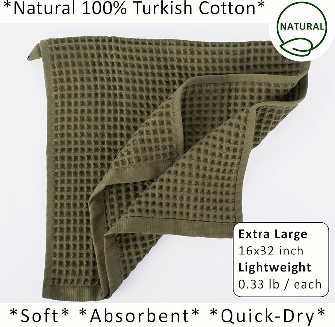 PÜSKÜL Natural 100% Turkish Cotton Waffle Kitchen Towels Set of 3 | Oeko-Tex, Premium Waffle Hand Towels for Bathroom | Soft Absorbent Quick-Dry Lint-Free Dish Towel Large 32x16 inch (3, Khaki Green)