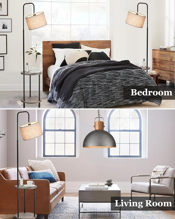 ELYONA Solid Wood Floor Lamp - Rustic Side Table Lamp for Bedroom & Living Room - Mid Century Modern Floor Lamp with 3 Color Temperatures LED Bulb - Industrial Tall Pole Reading Standing Light - Grey