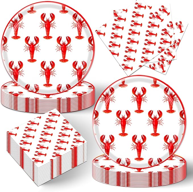 40Pcs Crawfish Boil Party Supplies Lobster Birthday Decorations Disposable Paper Plates and Napkins Set Seafood Boil Party Supplies for Birthday Baby Shower Dccorations