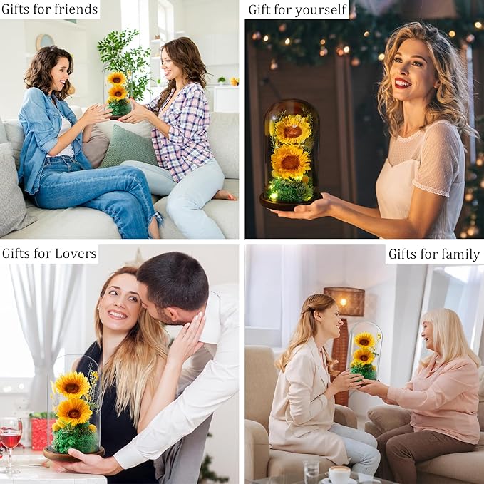 Flowers for Delivery - Forever Flowers Sunflower in Glass Dome with LED Lights, Large Size Preserved Sunflower Gifts for Women, Mom, Wife, Friend -Birthday, Valentine's Day Gift (Sunflower)