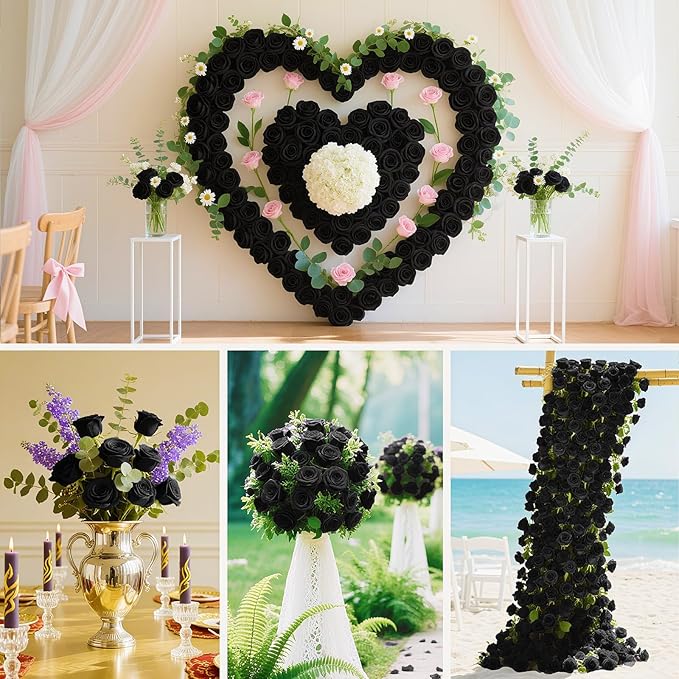 22 Pcs Artificial Roses - Realistic Velvet Flowers with Stems, Bulk Faux Roses for Home Wedding Party Decor (Black)