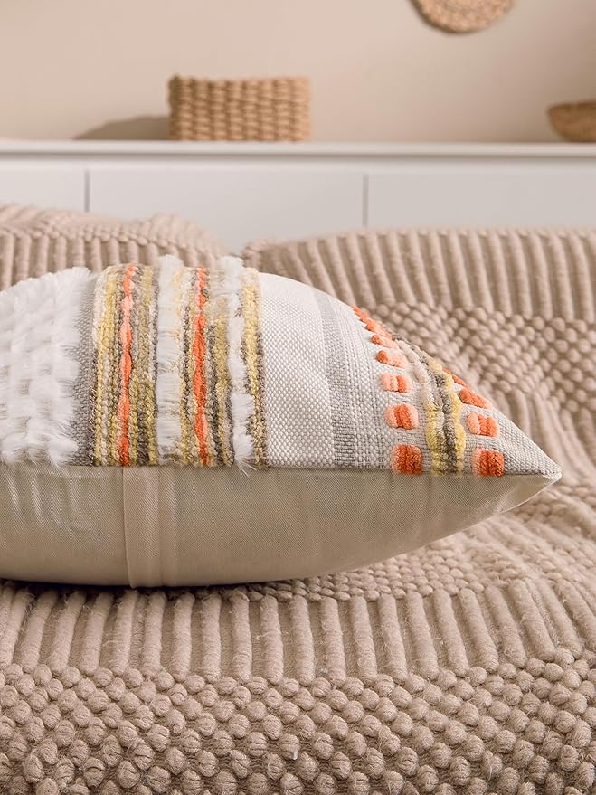 KOOLIFE Fall Boho Chenille Tufted Throw Pillow Covers 18x18 Inch Set of 2 Farmhouse Striped Couch Decorative Pillow Covers Accent Neutral Pillowcase Yellow Orange Cushion Cover for Livingroom Sofa Bed